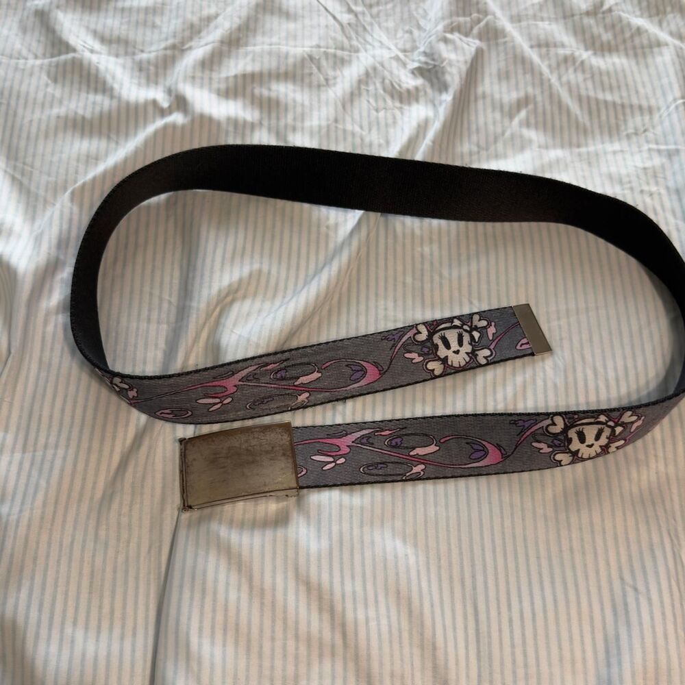 Ed Hardy Skull and Floral Print Canvas Web Belt with Bottle Opener Buckle